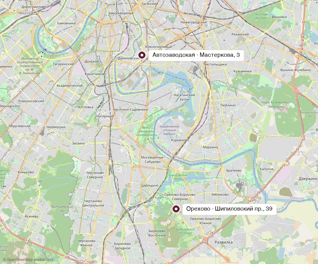 Магазины на карте Москвы: Мастеркова, 3 и Шипиловский проезд, 39